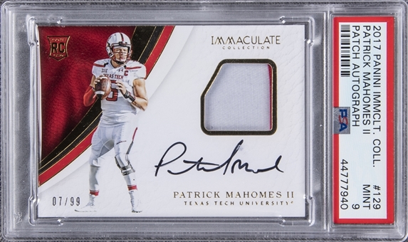 2017 Panini Immaculate Collection #129 Patrick Mahomes Signed Patch Rookie Card (#07/99) - PSA MINT 9 "1 of 3!"